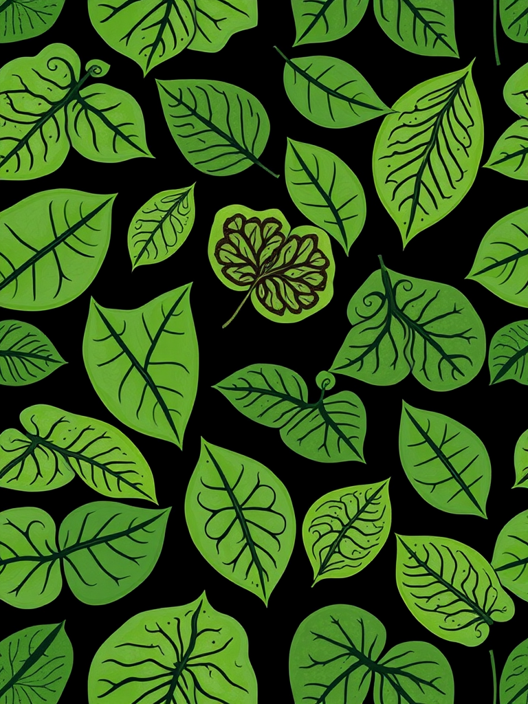 create a seamless pattern of various green leaves with intricate designs on a black background