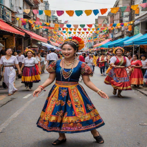 Lively street festival, featuring performers showcasing traditional dances, colorful food stalls, and families enjoying various activities, with vibrant decorations adorning the streets.