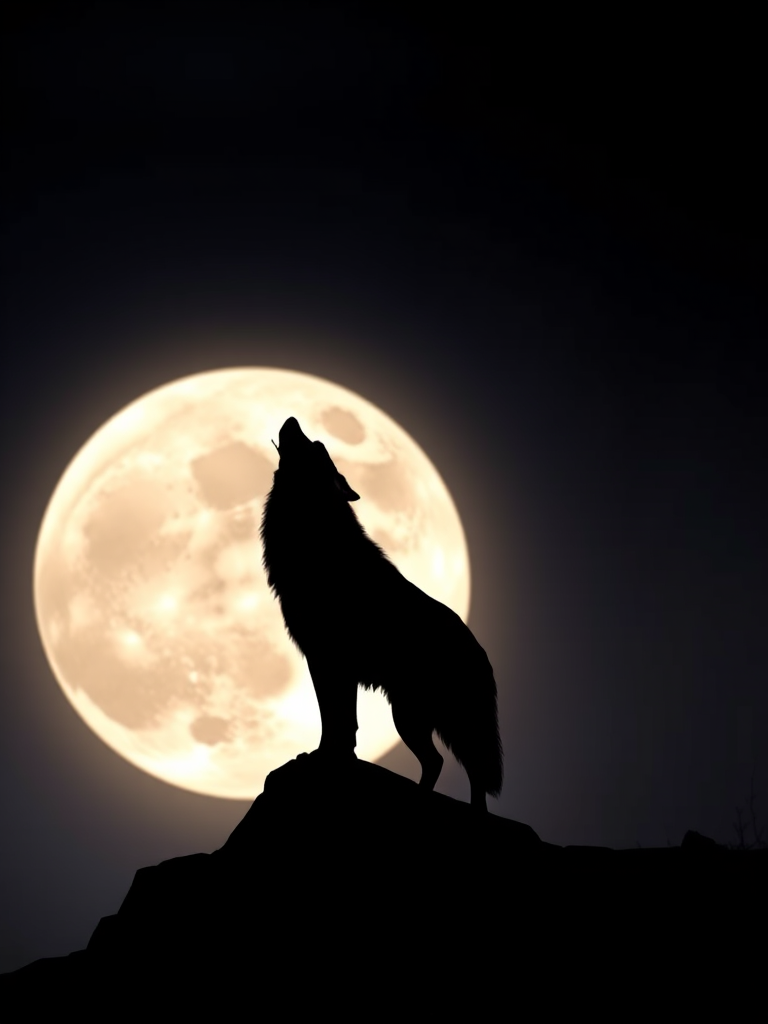 Create a highly detailed silhouette of a majestic wolf howling at a full moon, shot with a Canon EOS R5, 50mm f/1.2 lens, at ISO 200, f/2.8 aperture, and a shutter speed of 1/100s, capturing images in dramatic backlighting with a slight vignette effect.