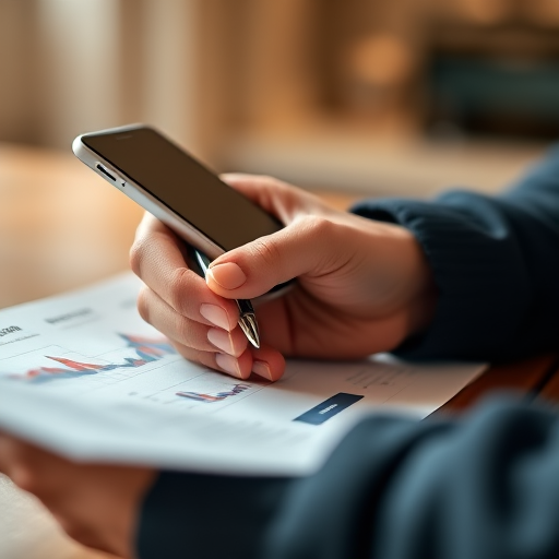 Close-up of a person's hand holding a pen and paper with financial charts while another hand holds a smartphone, warm lighting background, shallow depth of field, focal length 50mm, aperture f/2.8, ISO 200, DSLR camera, natural light.