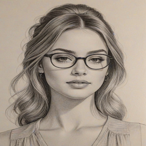 Exquisite Addison Rae, pencil sketch, portrait of Attractive woman 1977s in glasses, hair style beatnik, outline, clear lines, fine lines, 8k