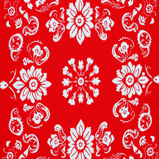 Create a high-resolution image of a red paisley bandana with intricate white floral designs, using a DSLR camera at f/2.8, ISO 100, with a 50mm lens, shot from a top-down view to emphasize the detailing and texture.