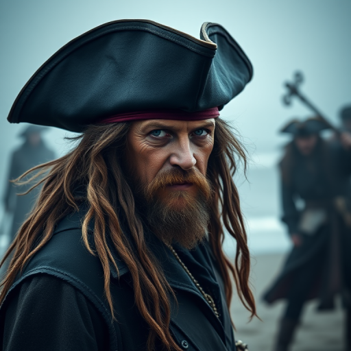Create a high-resolution image of a rugged pirate with long, messy hair and a large black hat, standing on a foggy beach with his intense gaze directed at the viewer, blurred figures of other pirates in the background, captured with a Canon EOS R5, 50mm lens, f/1.8 aperture, 1/200s shutter speed, and ISO 400 for enhanced depth and detail.