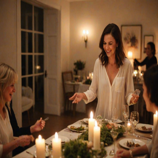 Blurry candid shot of a woman hosting a dinner party, gracefully serving food to guests, with a beautifully set table illuminated by soft candlelight and laughter echoing around.