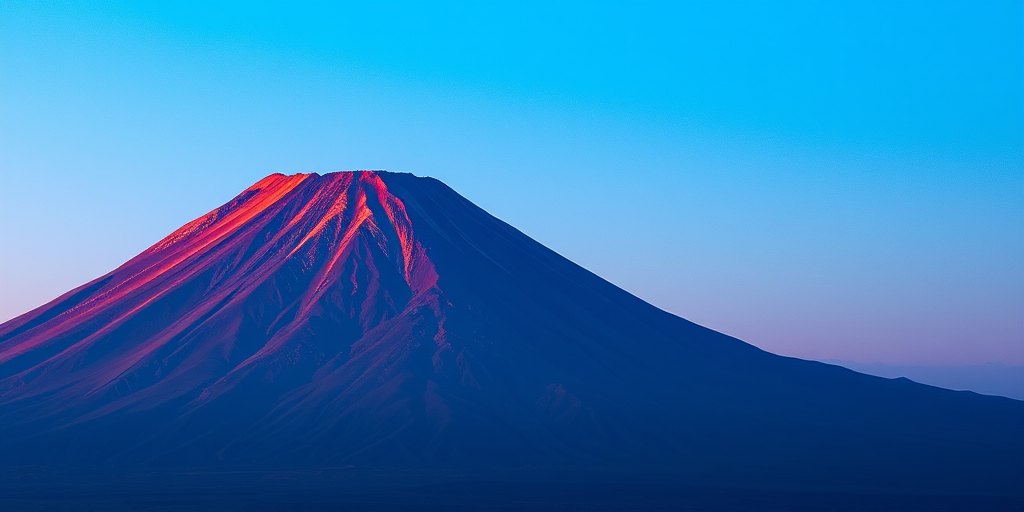 Create a high-resolution illustration of a volcano with a red hue in front of a clear blue sky, using a digital painting style, with a focus on sharp details and a standout foreground, simulated with a Canon EOS 5D Mark IV, at f/8, ISO 100, 50mm lens, capturing a vibrant color depth and contrast.
