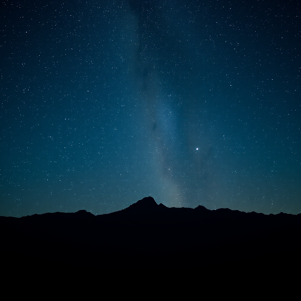 Generate a high-resolution nighttime landscape photo featuring a starry sky with a silhouette of mountains in the foreground, captured with a Canon EOS R5, ISO 3200, f/2.8, 30 seconds exposure, wide-angle lens at 24mm, using a long exposure technique for enhanced clarity and detail in the stars.