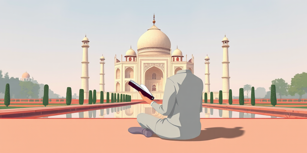 Create a high-resolution illustration of a serene figure reading a book, seated cross-legged in a minimalist style, with the Taj Mahal in the background, using a Canon EOS 5D Mark IV, lens aperture f/2.8, ISO 100, 50mm lens, natural light to enhance colors and details.