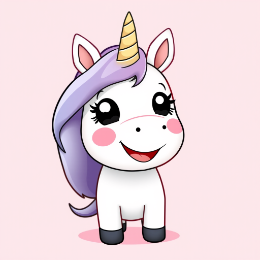 Generate a cute cartoon unicorn character with a joyful expression on a soft pink background, using a DSLR camera with a 50mm lens at f/2.8, ISO 100, and a slight vignette effect for depth.
