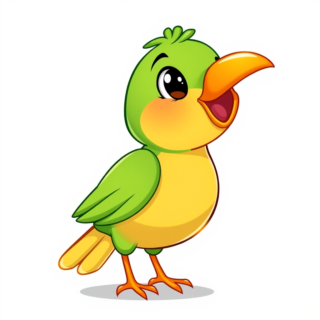 Create a high-resolution illustration of a cartoon bird with a green body, yellow wings, and an orange belly, using a digital tablet at 300 DPI, with a bright color palette and a simple white background for enhanced clarity.