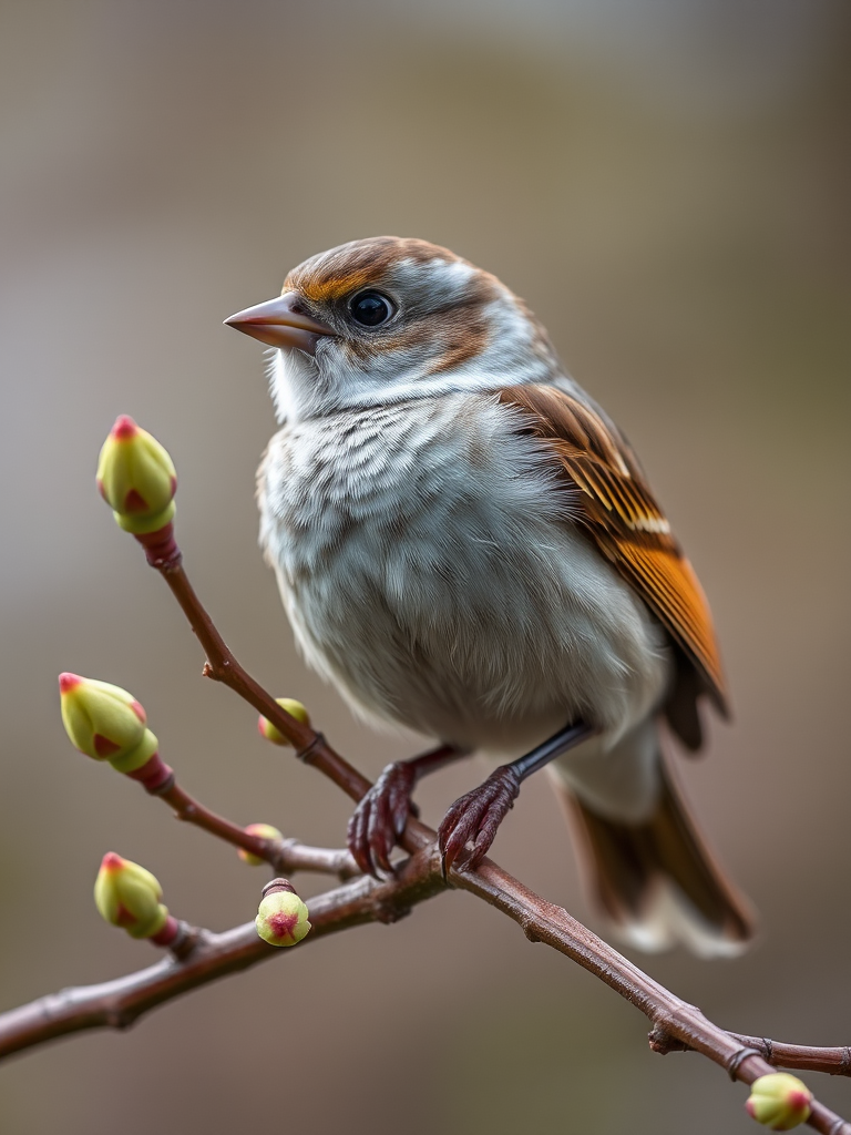 A detailed close-up of a sparrow perched on a branch with budding leaves, f/5.6 aperture, ISO 400, 1/200s shutter speed, macro lens, natural light, DSLR camera.