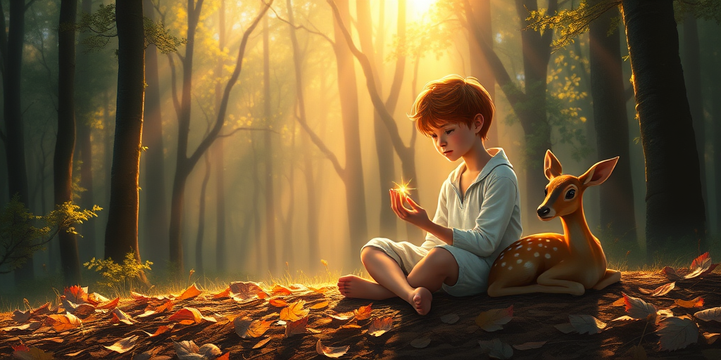 A luminous digital painting of a serene forest scene featuring a barefoot young male, about 7 years old, with red hair and fair skin, dressed in a simple white outfit. He sits cross-legged on the forest floor, gazing at a small, glowing, magical firefly in his hand. Beside him, a delicate spotted deer lies calmly on a bed of dried leaves, observing the scene. The dense forest is bathed in warm, golden light filtering through the trees, creating a peaceful, magical atmosphere with a blend of natural and mystical elements.