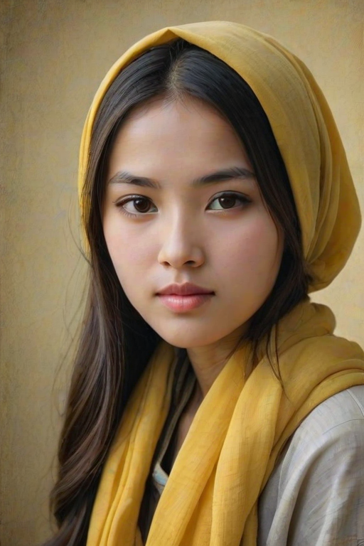 Create a portrait of a young Manchu woman with long, dark hair and captivating hazel eyes. She is wearing a Yellow headscarf and a matching scarf draped gracefully around her neck. The background is softly blurred, focusing attention on her serene and natural expression. The overall color palette is muted and warm, enhancing the intimate and authentic feel of the portrait.