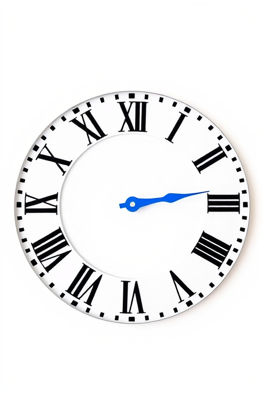 Regenerate a circular clock face design featuring Roman numerals in black on a white background, a blue hour hand, and a second hand at 6, captured with a DSLR camera at f/4 aperture, 1/125 shutter speed, ISO 100, in a bright, evenly lit setting.