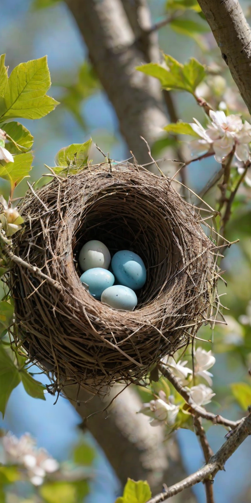 Softly focused close-up of a robin's nest in a tree, soft sunlight filtering through the leaves, with delicate blue eggs nestled inside and distant blossoms providing a colorful backdrop.