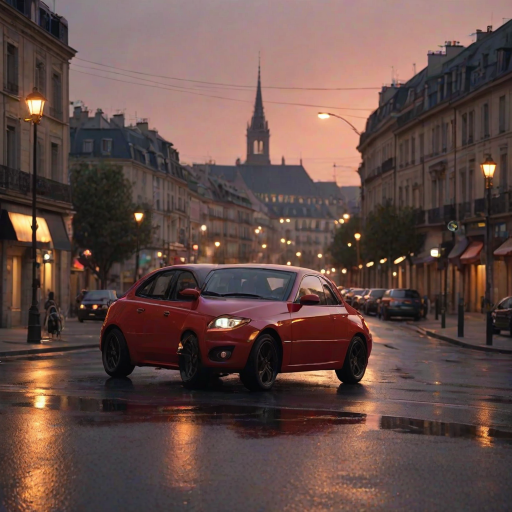 ((masterpiece, best quality)),In the evening, the sunset is reflected on the car, red car, the car is driving on the road, Dusk backlight, Street lights, street signs, parking signs, Render, UE5, Modernization, French architecture, bustling streets,