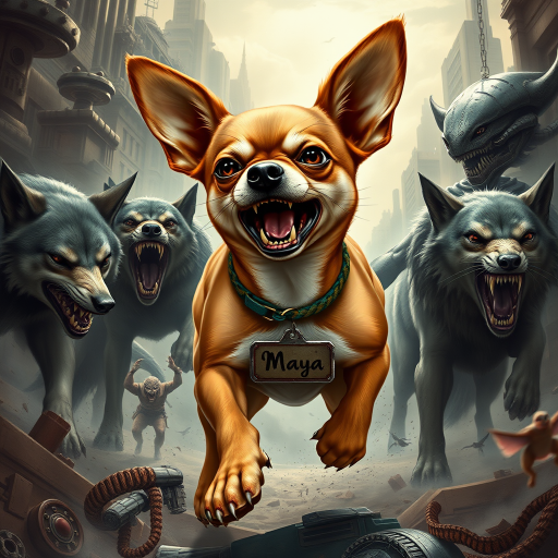 "Create a highly detailed and realistic image of a short-haired Chihuahua named Maya in an extremely fierce and enraged warrior pose. She is battling a pack of wolves and an alien creature, fighting for her life and the life of her owner. The Chihuahua should have a wild and aggressive appearance, with bared teeth and fierce eyes, showcasing her determination despite the overwhelming odds. She should have a distinct white patch on her chest, while the rest of her fur should be brown. A large tag with the name 'Maya' should be prominently displayed around her neck. The background should feature a sci-fi and steampunk style, filled with futuristic mechanical elements and Victorian technology, blending an urban landscape with fantastical details such as gears and steam."