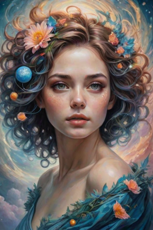 Create a series of imaginative portraits where each subject is infused with elements of fantasy and nature. The hair of the individuals should flow like clouds, varying from soft, fluffy cumulus to wispy cirrus strands, with hints of color reflecting a sunset or a clear blue sky. The eyes should be windows to entire galaxies, with stars, nebulae, and distant planets visible within them. Clothing should be adorned with nature motifs, such as floral patterns that bloom and change, vines that seem to grow and wrap around, or feathers that shimmer with iridescence. Each portrait should capture a unique personality, blending human features with the ethereal beauty of the natural and cosmic world. The backgrounds can vary, from starry night skies to enchanted forests, adding depth and context to the magical realism of the portraits