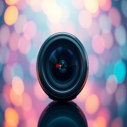 Create a high-resolution digital illustration of a camera lens centered on a vibrant background with circular light patterns, using a 50mm lens, f/2.8 aperture, ISO 100, 1/200s shutter speed, shot from a straight-on view, in a macro photography style with soft focus effects.