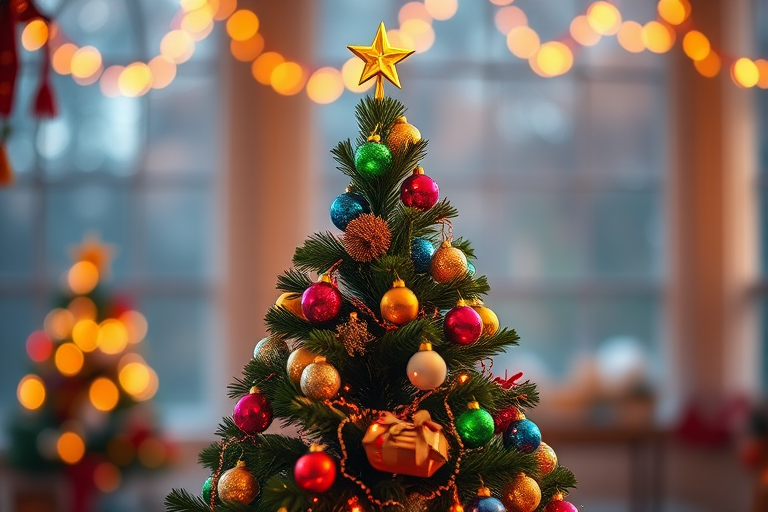 Create a vibrant illustration of a Christmas tree with a star on top and colorful ornaments using a Canon EOS R5 camera, 50mm lens, f/1.8 aperture, ISO 100, soft natural lighting, and a shallow depth of field for a dreamy effect.