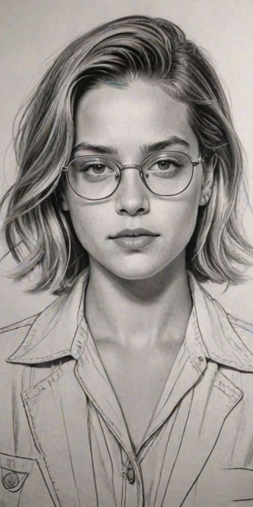 Stunning Cole Sprouse, pencil sketch, portrait of Comely woman 1937s in glasses, hair style beatnik, outline, clear lines, fine lines, 8k