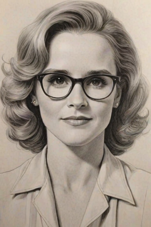 Elegant Lea Thompson, pencil sketch, portrait of Superb woman 1936s in glasses, hair style beatnik, outline, clear lines, fine lines, 8k