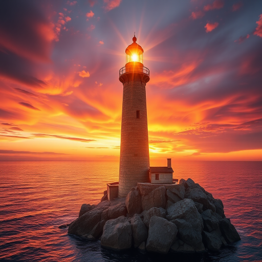 Generate an image of a tall lighthouse perched on a rocky outcrop surrounded by calm ocean waters during a breathtaking sunset. The lighthouse stands sturdy and weathered, its stone surface illuminated by the warm golden light of the setting sun. The sun's rays pass directly through the glass lantern room at the top of the lighthouse, casting a brilliant light across the scene. The sky is painted with vibrant shades of orange, pink, and purple, reflecting off the tranquil sea. The surrounding water shimmers with the same warm hues, creating a serene and majestic atmosphere.
