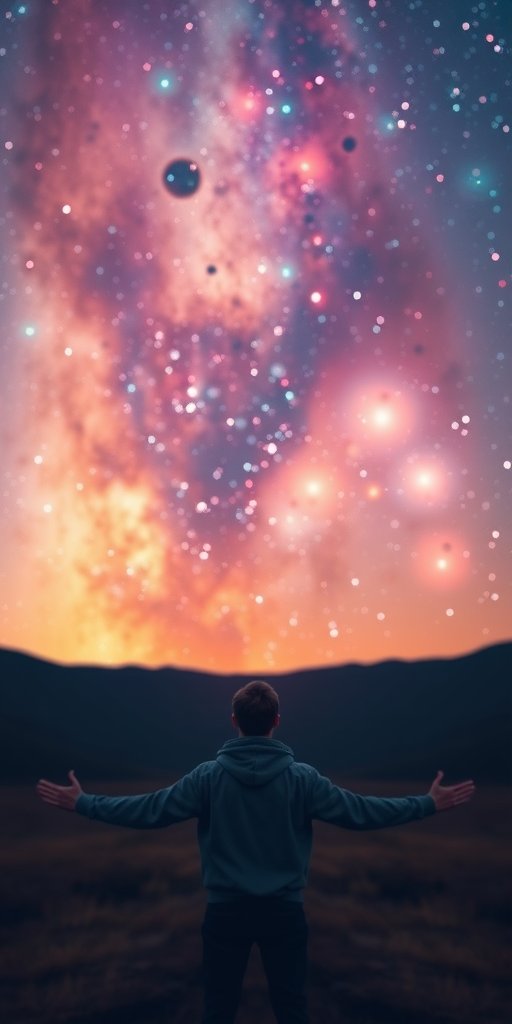 generate an ethereal cosmic landscape featuring a person gazing at a vibrant galaxy filled with colorful stars and nebulas using a DSLR camera with a 24mm lens, f/2.8 aperture, ISO 100, 1/60s shutter speed, wide-angle view, and soft focus style