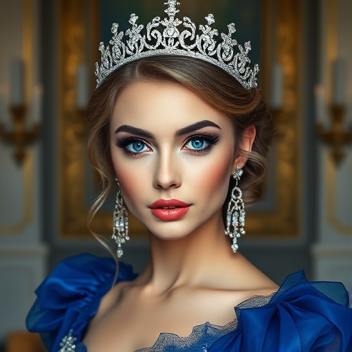 A gorgeous woman in a luxurious blue gown, accessorized with a dazzling tiara and statement earrings, her deep blue eyes highlighted by impeccable makeup, poised in a royal setting, photorealistic, 8K quality
