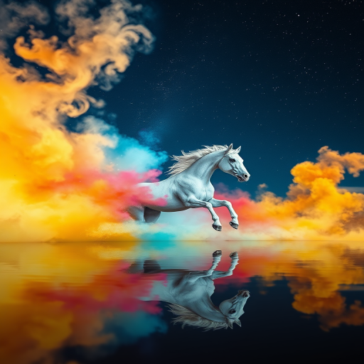 A majestic white horse galloping through a vibrant explosion of colored smoke, reflecting in a still water surface under a starry night sky, shot with a DSLR camera at f/2.8, ISO 100, 1/500 sec, using a wide-angle lens for an immersive view and high dynamic range for enhanced colors and details.