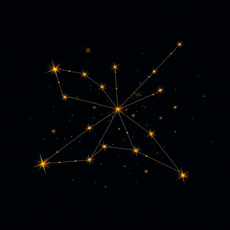 Create an illustration of a constellation with stars connected by lines, set against a dark background, using a Canon EOS 5D Mark IV with a 50mm f/1.8 lens, aperture at f/2.8, ISO 800, shot from a wide-angle view to enhance depth and detail.
