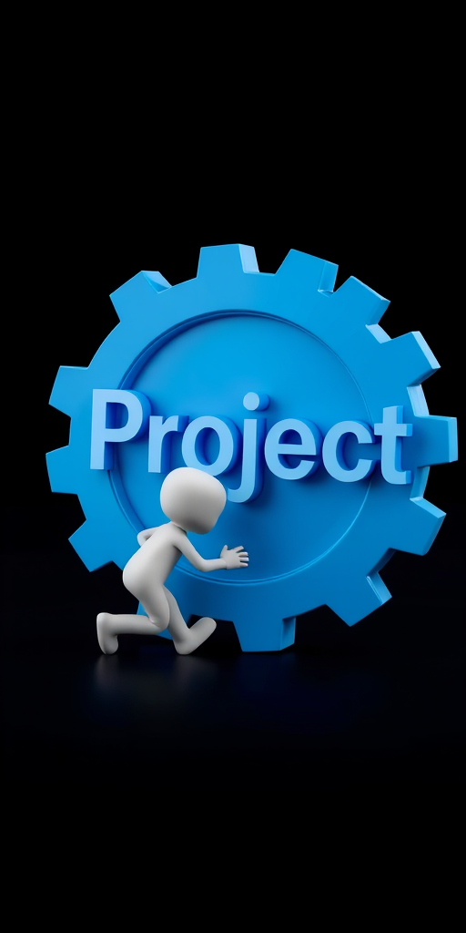Create an image of a small, white 3D character pushing a large, blue gear with the word 'Project' in sleek, modern typography, captured with a DSLR camera at f/2.8, ISO 200, 50mm lens, in a high-contrast studio lighting setup.
