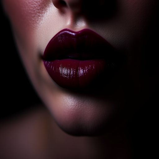 Sultry deep plum lips with a velvet texture, displaying rich pigmentation and a flawless application, captured in a moody and atmospheric studio setting