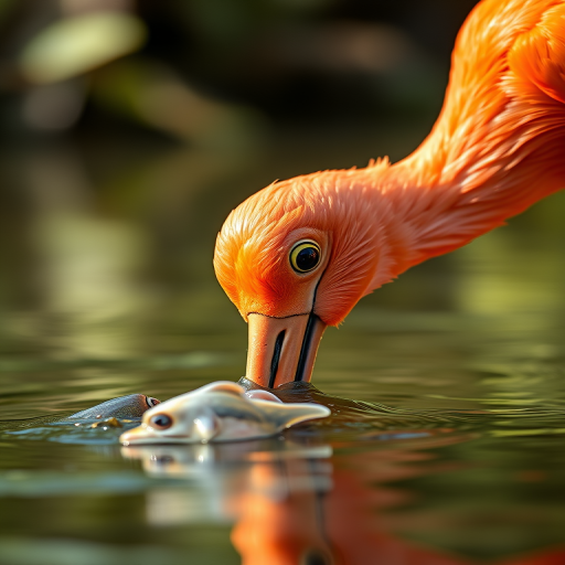Capture a close-up of a vibrant orange ibis catching fish in shallow water, with a shallow depth of field, using a Canon EOS R5, 85mm lens, aperture f/2.8, ISO 200, shutter speed 1/500s, natural lighting, and focus on the bird's eye for enhanced detail.