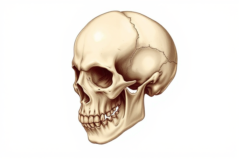 High-resolution skull illustration, DSLR camera, 50mm lens, f/1.8 aperture, ISO 100, natural lighting, top-down view, detailed texture enhancement.