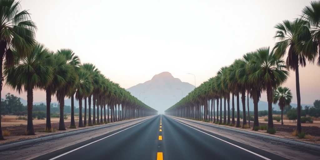 A straight, empty road lined with tall palm trees on both sides leading towards a mountain in soft morning light, captured with a DSLR camera at f/8, ISO 200, 24mm focal length, wide-angle view, and a slight overcast sky for even lighting.
