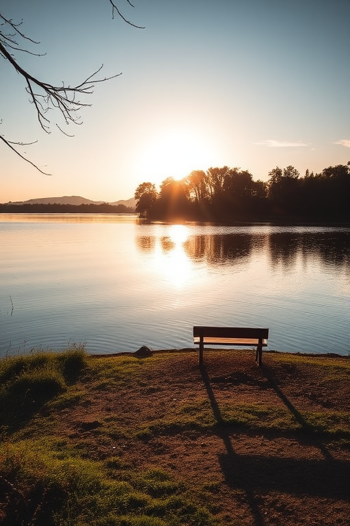 Capture a serene landscape of a lake at sunrise with sunlit trees and a bench by the water, use a Canon EOS R5, 35mm lens, f/2.8 aperture, ISO 100, 1/200s shutter speed, in soft natural light with a slight vignette effect for added depth.