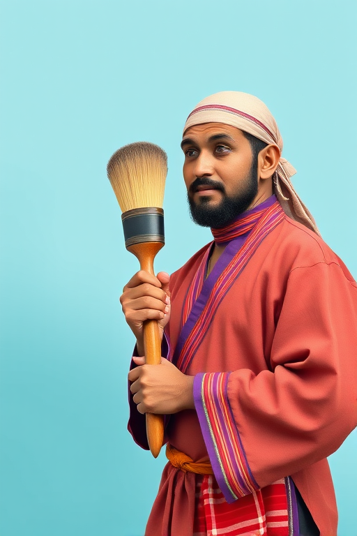 regenerate an illustration of a man in traditional clothing holding a large brush against a light blue background, use a Canon EOS R5, 50mm lens, f/1.8 aperture, ISO 100, focused on the subject with a shallow depth of field, vibrant color saturation, and soft lighting effects to enhance overall image quality