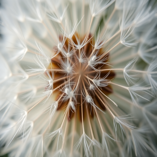 Close-up macro shot of a dandelion seed head with intricate detail, soft natural lighting, aperture f/2.8, shutter speed 1/200s, ISO 100, lens 100mm macro, shot from a top-down perspective to emphasize the delicate seeds and texture.