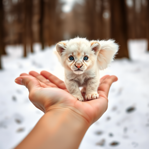 A small, white lion cub with angelic wings standing on a human hand. The cub has a soft, fluffy texture with detailed fur, expressive blue eyes, and a curious expression. The wings are large and feathery, blending seamlessly with its fur, giving an ethereal appearance. The background is a winter forest, with the ground covered in snow and blurred brown trees, creating a serene atmosphere. The human hand in the foreground is positioned palm-up, supporting the lion cub gently, fingers slightly curled. The lighting is soft and diffused, enhancing the tender and magical feel of the scene. Colors are predominantly neutral with white, cream, and soft browns, contrasting with the subtle blue of the lion cub's eyes. The overall composition is balanced, with the cub at the center, creating a focal point that draws the viewer's attention immediately.
