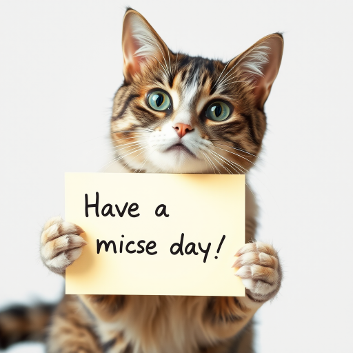 cat holding a note which says "Have a mice day!"