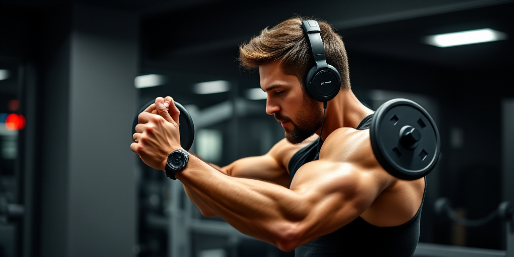 man working out in the gym and listening to music while training