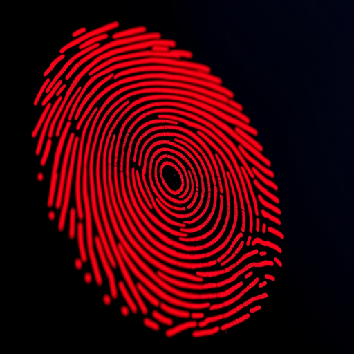 generate a high-resolution image of a red fingerprint with intricate details and smooth lines, using a DSLR camera with a 50mm lens at f/2.8, ISO 100, and natural lighting for enhanced clarity and contrast