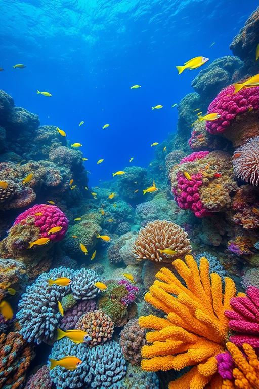 Generate a vibrant underwater scene featuring colorful coral reefs and various fish species, taken with a Canon EOS R5, 24mm f/1.4 lens, f/8 aperture, 1/125s shutter speed, ISO 400, wide-angle view, underwater photography style for enhanced clarity and detail.