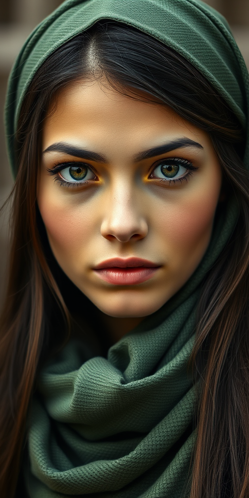 Create a portrait of a young Georgian woman with long, dark hair and captivating hazel eyes. She is wearing a green headscarf and a matching scarf draped gracefully around her neck. The background is softly blurred, focusing attention on her serene and natural expression. The overall color palette is muted and warm, enhancing the intimate and authentic feel of the portrait.