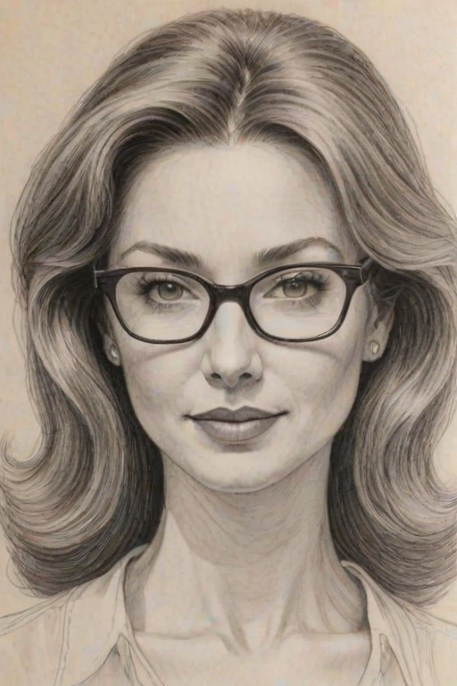 Appealing Donna Murphy, pencil sketch, portrait of Fascinating woman 1976s in glasses, hair style beatnik, outline, clear lines, fine lines, 8k