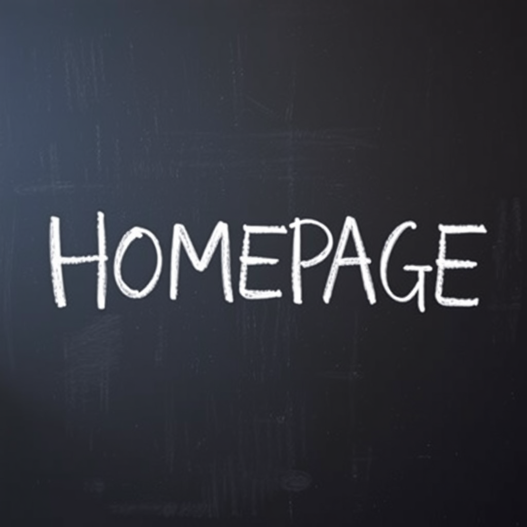 Create an image of the word "HOMEPAGE" written in chalk-like white lettering on a blackboard background, captured with a DSLR camera at f/2.8 aperture, ISO 100, 50mm lens, with a shallow depth of field and natural lighting.