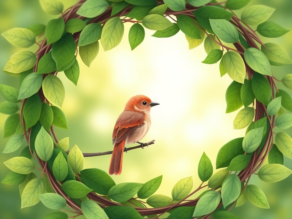 Create an illustration of a circular wreath made of green leaves with a small pink bird perched on it, using a soft focus lens with a shallow depth of field, top-down view, digital illustration style, high-resolution settings.