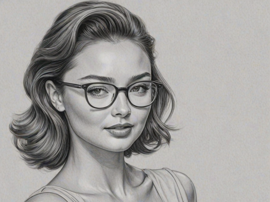 Sublime Miranda Kerr, pencil sketch, portrait of Lovely woman 1942s in glasses, hair style beatnik, outline, clear lines, fine lines, 8k