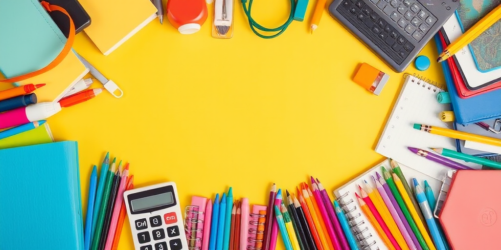 Create a vibrant frame filled with various colorful school and technology-related objects like books, calculators, laptops, and stationery, using a DSLR camera with a 50mm lens, aperture set to f/2.8, ISO 100, and a macro view to enhance the details and clarity of the objects.