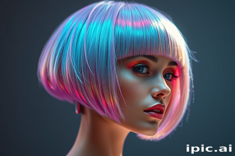 Futuristic Holographic Bob with a blunt cut and razor-sharp edges, shimmering with iridescent tones that shift colors as light reflects off the hair's surface
